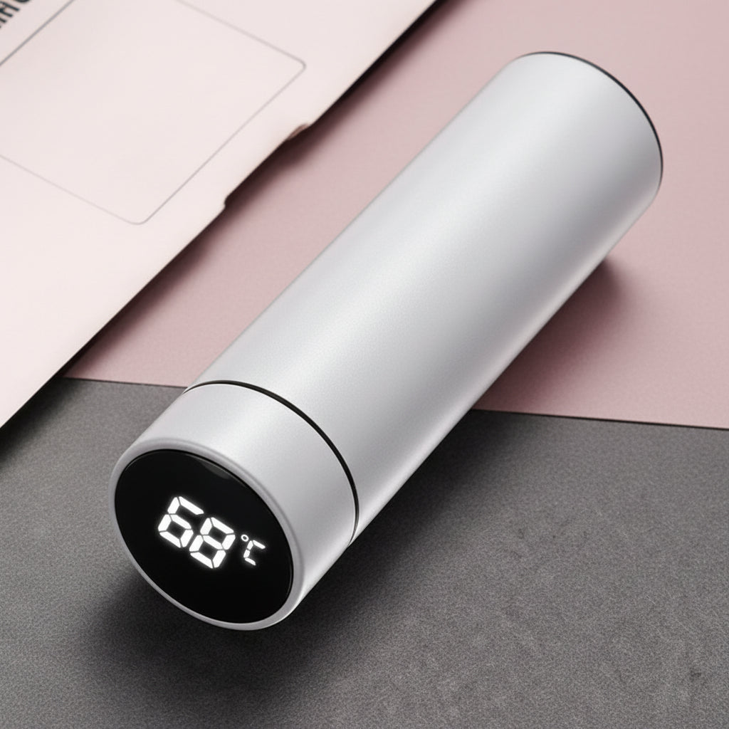 White smart thermos bottle on office desk with laptop.