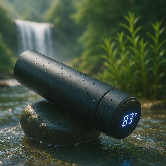 LED temperature display on stainless steel water bottle top.