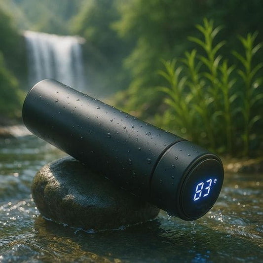 LED temperature display on stainless steel water bottle top.